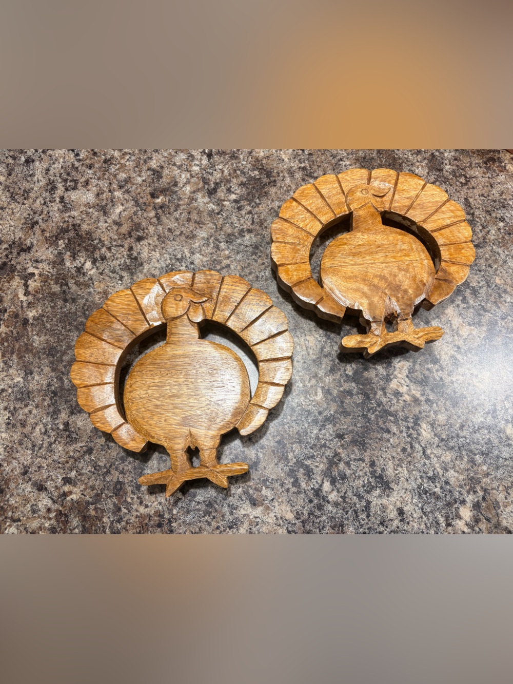 Hand-Carved Wooden Turkey Trivets- Set of 2